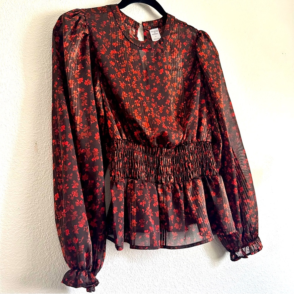 Melrose and Market, Black and Red Floral Smocked Ruffled Blouse